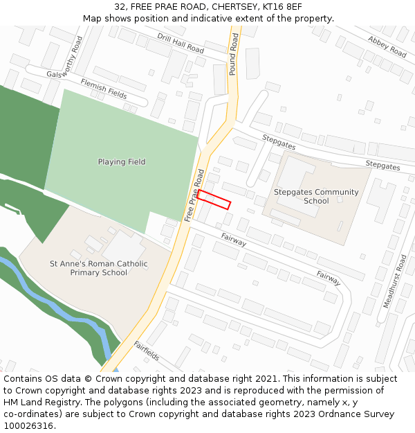 32, FREE PRAE ROAD, CHERTSEY, KT16 8EF: Location map and indicative extent of plot