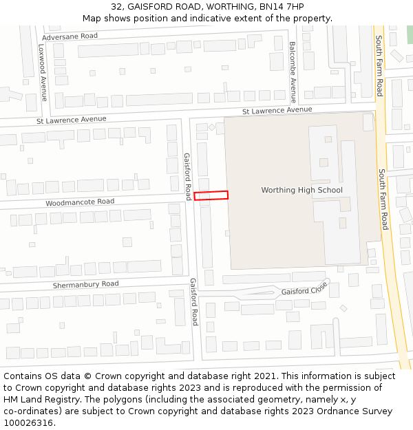 32, GAISFORD ROAD, WORTHING, BN14 7HP: Location map and indicative extent of plot