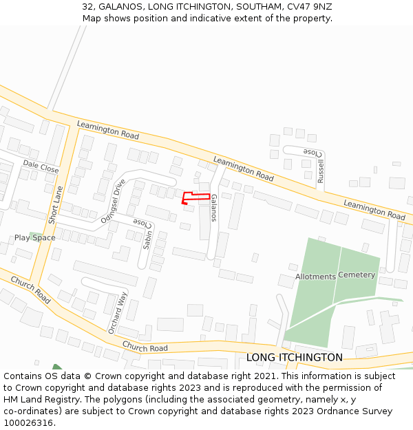 32, GALANOS, LONG ITCHINGTON, SOUTHAM, CV47 9NZ: Location map and indicative extent of plot