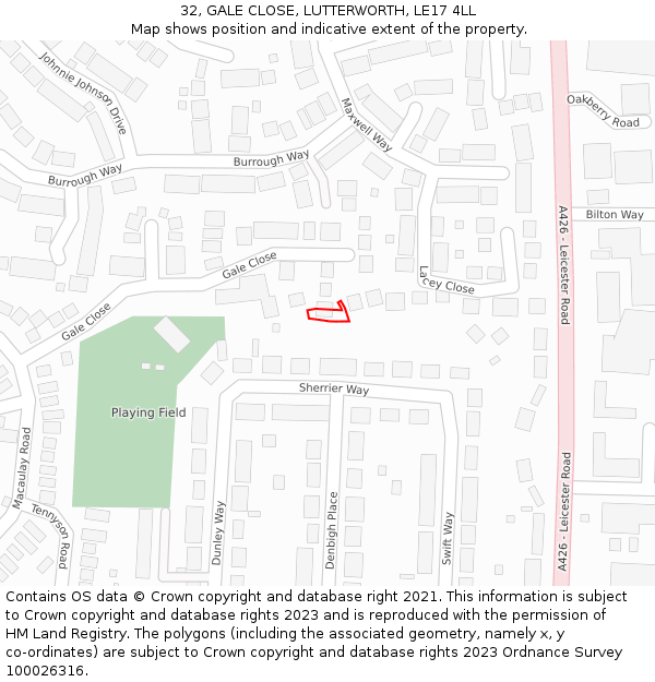 32, GALE CLOSE, LUTTERWORTH, LE17 4LL: Location map and indicative extent of plot