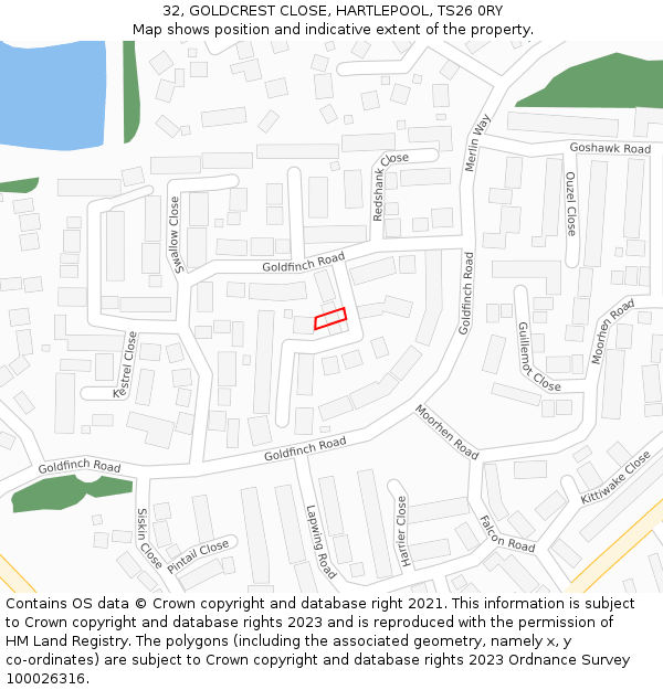 32, GOLDCREST CLOSE, HARTLEPOOL, TS26 0RY: Location map and indicative extent of plot