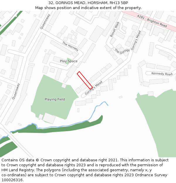 32, GORINGS MEAD, HORSHAM, RH13 5BP: Location map and indicative extent of plot