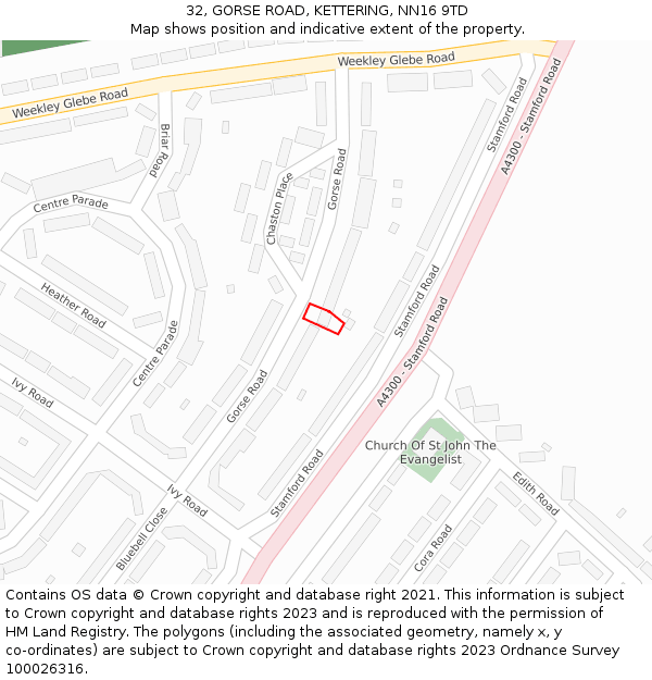 32, GORSE ROAD, KETTERING, NN16 9TD: Location map and indicative extent of plot