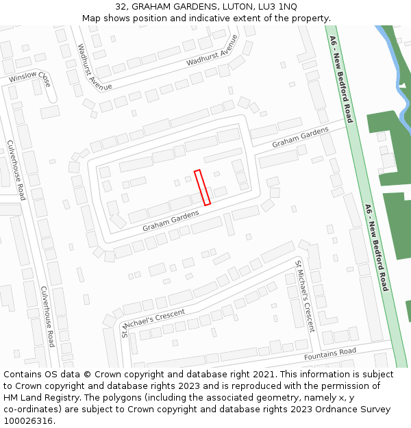32, GRAHAM GARDENS, LUTON, LU3 1NQ: Location map and indicative extent of plot