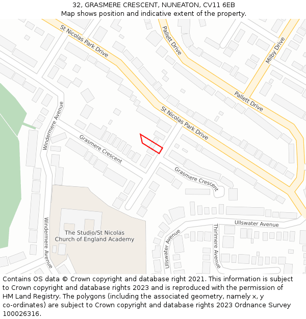 32, GRASMERE CRESCENT, NUNEATON, CV11 6EB: Location map and indicative extent of plot