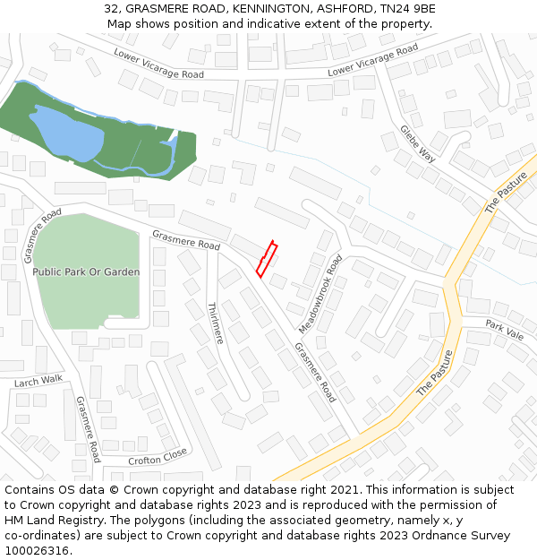 32, GRASMERE ROAD, KENNINGTON, ASHFORD, TN24 9BE: Location map and indicative extent of plot