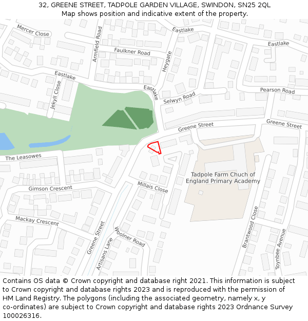 32, GREENE STREET, TADPOLE GARDEN VILLAGE, SWINDON, SN25 2QL: Location map and indicative extent of plot