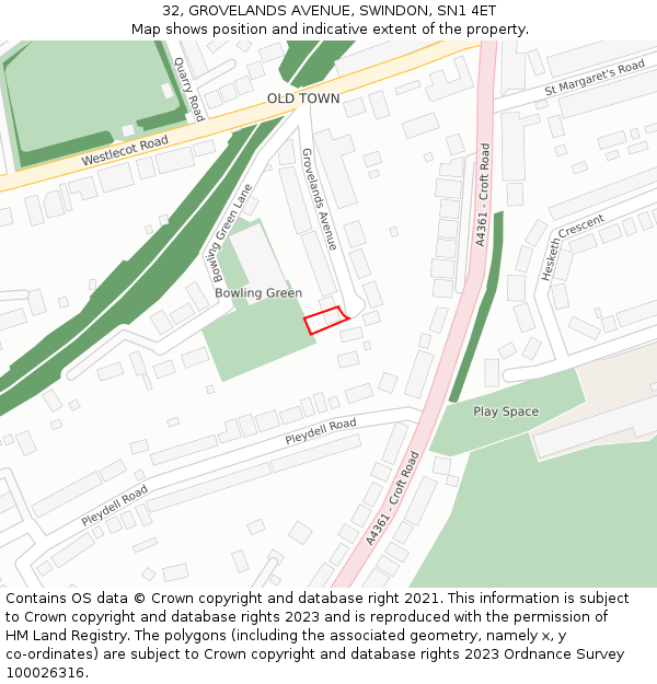 32, GROVELANDS AVENUE, SWINDON, SN1 4ET: Location map and indicative extent of plot