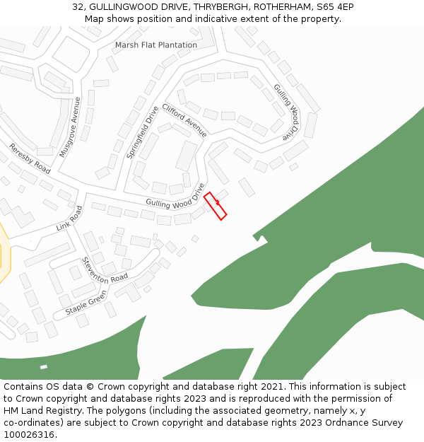 32, GULLINGWOOD DRIVE, THRYBERGH, ROTHERHAM, S65 4EP: Location map and indicative extent of plot