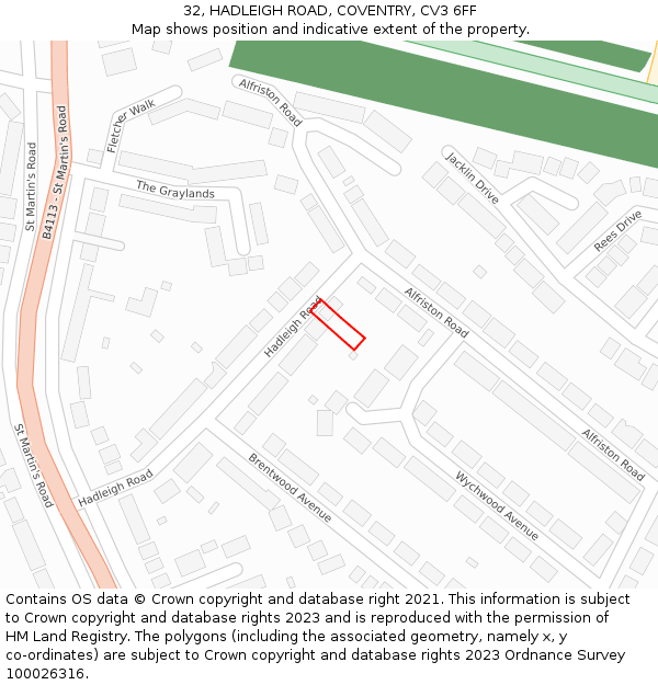 32, HADLEIGH ROAD, COVENTRY, CV3 6FF: Location map and indicative extent of plot