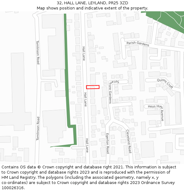 32, HALL LANE, LEYLAND, PR25 3ZD: Location map and indicative extent of plot