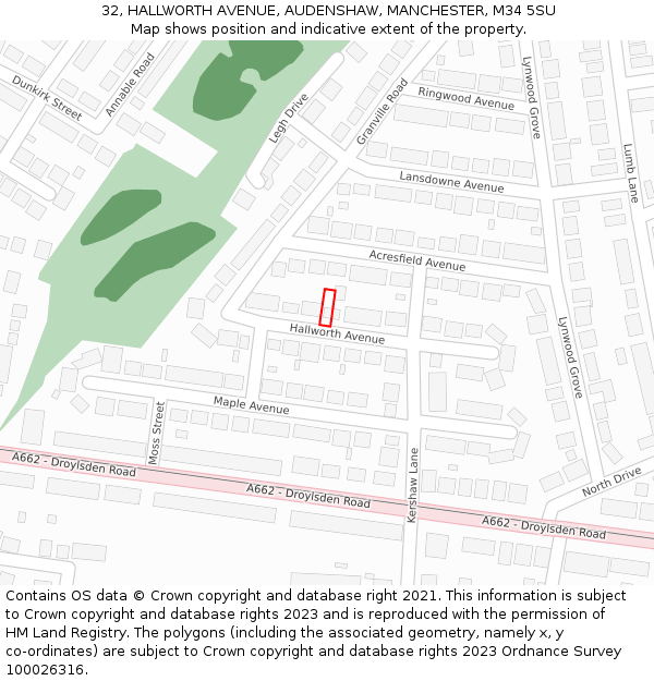32, HALLWORTH AVENUE, AUDENSHAW, MANCHESTER, M34 5SU: Location map and indicative extent of plot