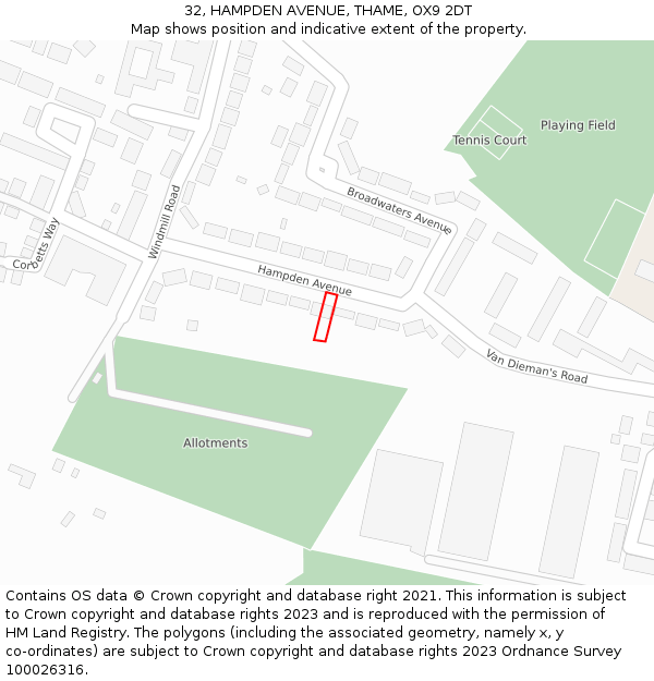 32, HAMPDEN AVENUE, THAME, OX9 2DT: Location map and indicative extent of plot