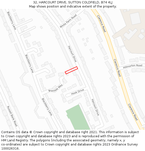 32, HARCOURT DRIVE, SUTTON COLDFIELD, B74 4LJ: Location map and indicative extent of plot