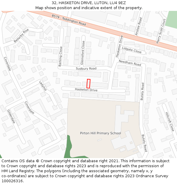 32, HASKETON DRIVE, LUTON, LU4 9EZ: Location map and indicative extent of plot