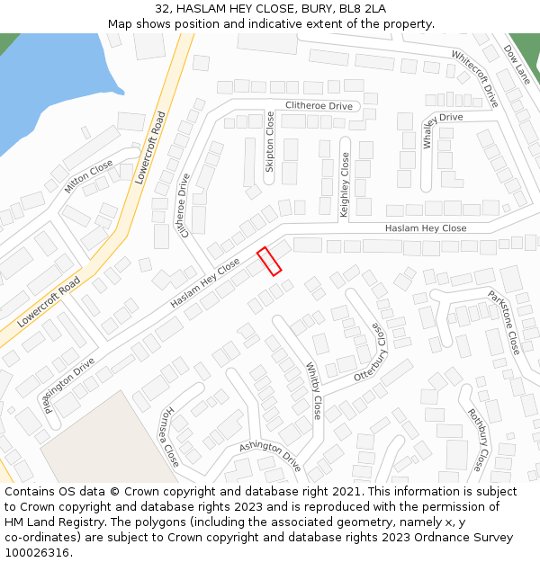 32, HASLAM HEY CLOSE, BURY, BL8 2LA: Location map and indicative extent of plot