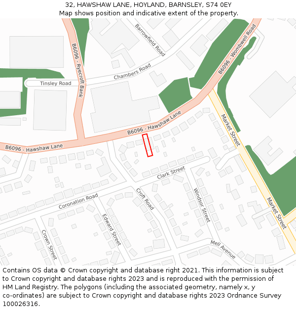 32, HAWSHAW LANE, HOYLAND, BARNSLEY, S74 0EY: Location map and indicative extent of plot