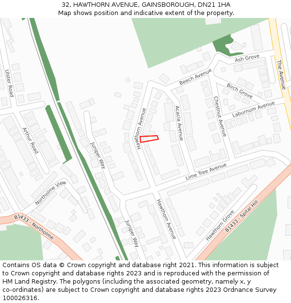 32, HAWTHORN AVENUE, GAINSBOROUGH, DN21 1HA: Location map and indicative extent of plot