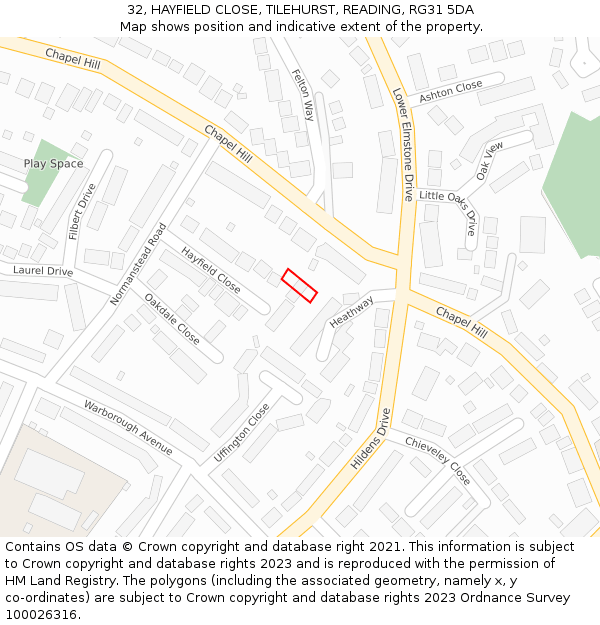 32, HAYFIELD CLOSE, TILEHURST, READING, RG31 5DA: Location map and indicative extent of plot