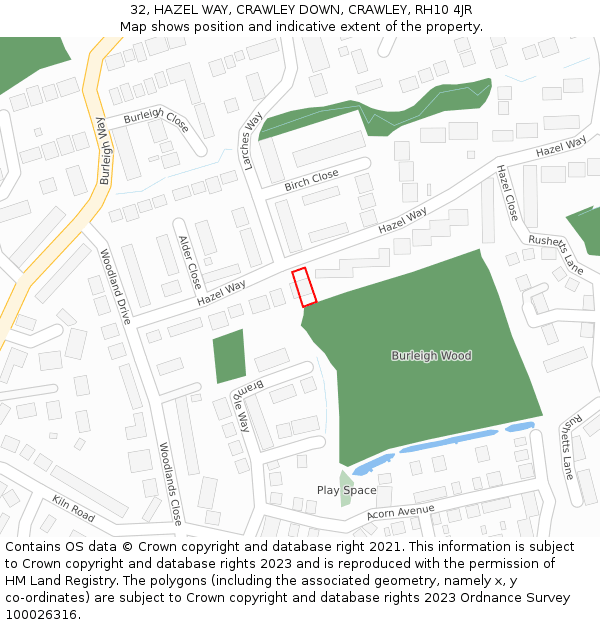32, HAZEL WAY, CRAWLEY DOWN, CRAWLEY, RH10 4JR: Location map and indicative extent of plot