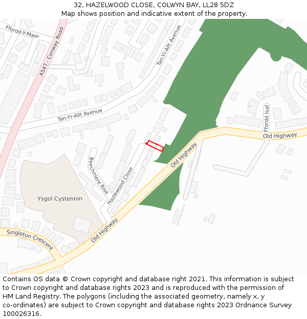 32, HAZELWOOD CLOSE, COLWYN BAY, LL28 5DZ: Location map and indicative extent of plot