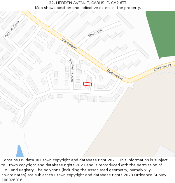 32, HEBDEN AVENUE, CARLISLE, CA2 6TT: Location map and indicative extent of plot