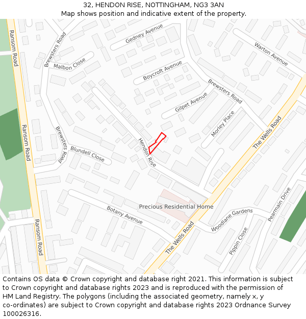 32, HENDON RISE, NOTTINGHAM, NG3 3AN: Location map and indicative extent of plot