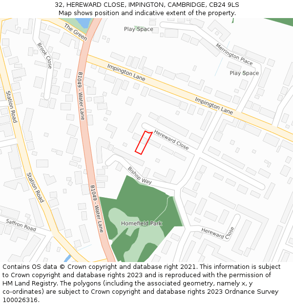32, HEREWARD CLOSE, IMPINGTON, CAMBRIDGE, CB24 9LS: Location map and indicative extent of plot