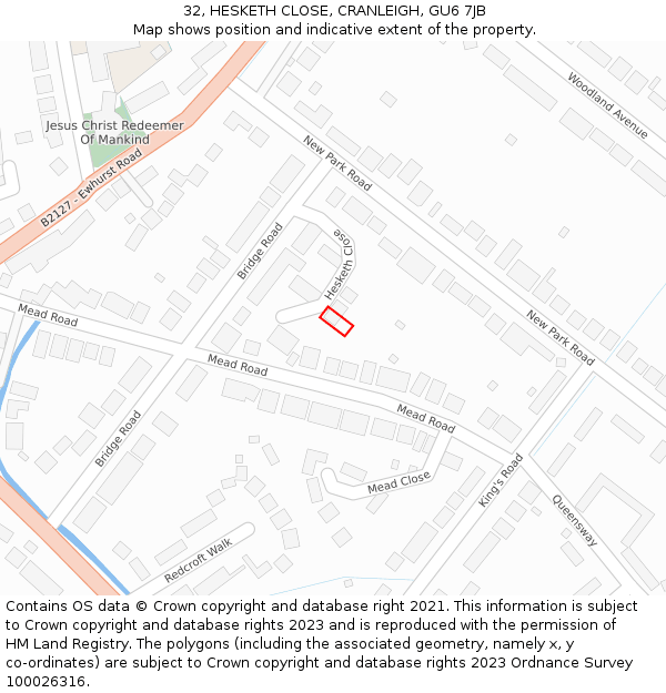 32, HESKETH CLOSE, CRANLEIGH, GU6 7JB: Location map and indicative extent of plot