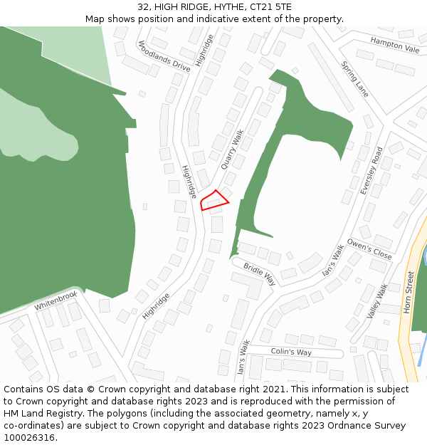 32, HIGH RIDGE, HYTHE, CT21 5TE: Location map and indicative extent of plot