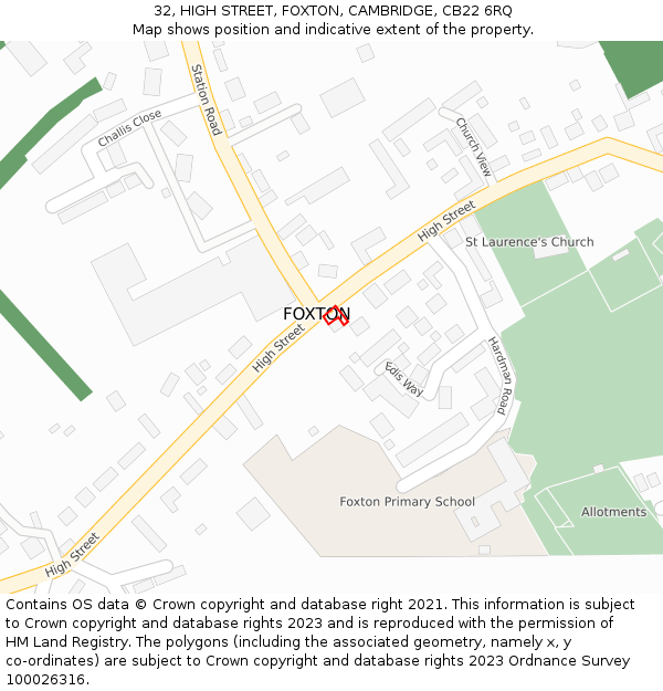 32, HIGH STREET, FOXTON, CAMBRIDGE, CB22 6RQ: Location map and indicative extent of plot