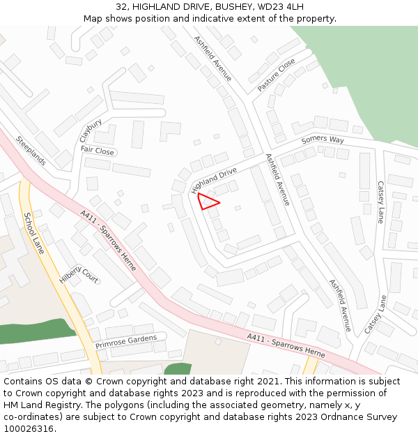 32, HIGHLAND DRIVE, BUSHEY, WD23 4LH: Location map and indicative extent of plot