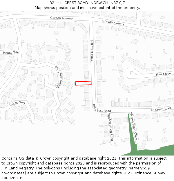 32, HILLCREST ROAD, NORWICH, NR7 0JZ: Location map and indicative extent of plot