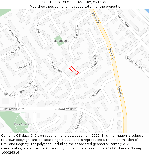32, HILLSIDE CLOSE, BANBURY, OX16 9YT: Location map and indicative extent of plot