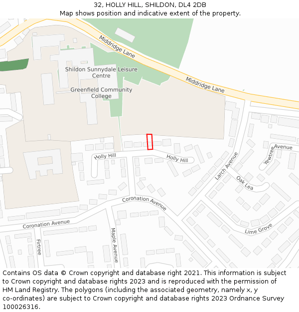 32, HOLLY HILL, SHILDON, DL4 2DB: Location map and indicative extent of plot