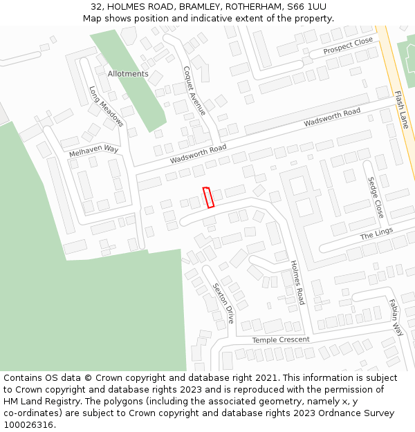32, HOLMES ROAD, BRAMLEY, ROTHERHAM, S66 1UU: Location map and indicative extent of plot