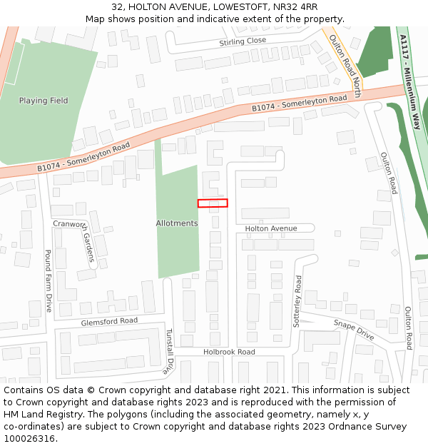 32, HOLTON AVENUE, LOWESTOFT, NR32 4RR: Location map and indicative extent of plot