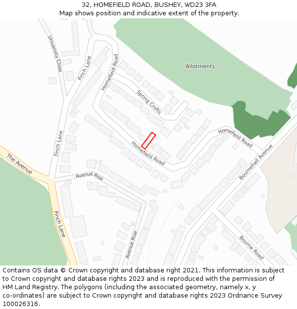 32, HOMEFIELD ROAD, BUSHEY, WD23 3FA: Location map and indicative extent of plot
