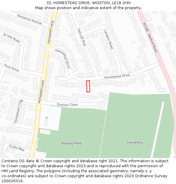 32, HOMESTEAD DRIVE, WIGSTON, LE18 2HN: Location map and indicative extent of plot