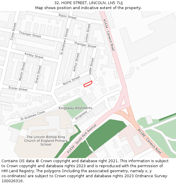 32, HOPE STREET, LINCOLN, LN5 7UJ: Location map and indicative extent of plot
