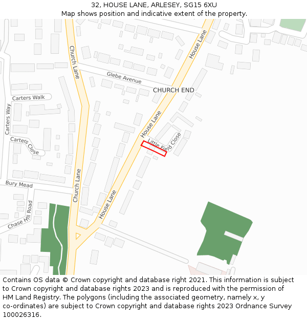32, HOUSE LANE, ARLESEY, SG15 6XU: Location map and indicative extent of plot