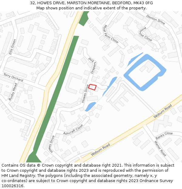 32, HOWES DRIVE, MARSTON MORETAINE, BEDFORD, MK43 0FG: Location map and indicative extent of plot