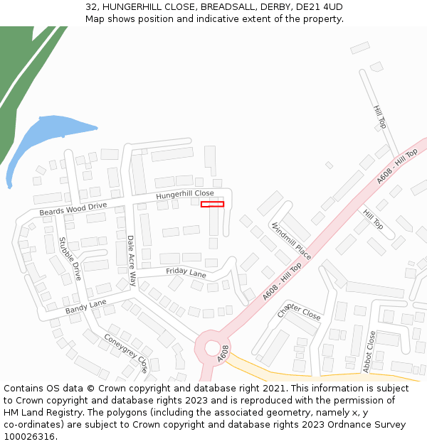 32, HUNGERHILL CLOSE, BREADSALL, DERBY, DE21 4UD: Location map and indicative extent of plot