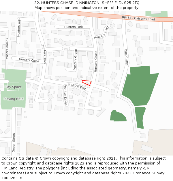 32, HUNTERS CHASE, DINNINGTON, SHEFFIELD, S25 2TQ: Location map and indicative extent of plot