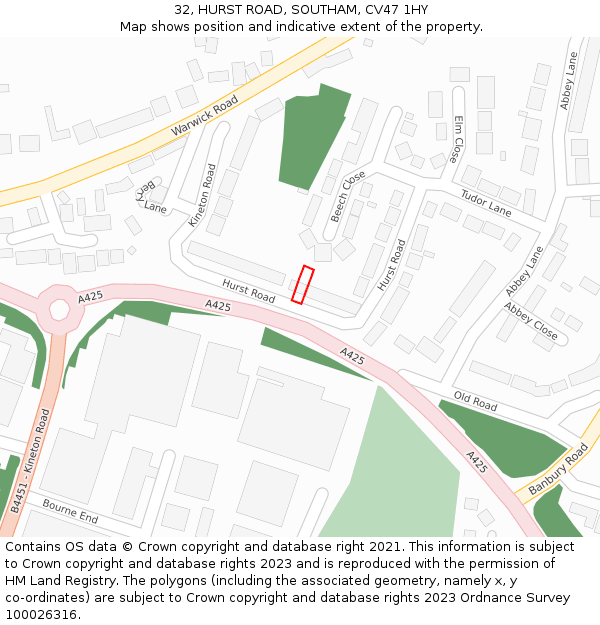 32, HURST ROAD, SOUTHAM, CV47 1HY: Location map and indicative extent of plot