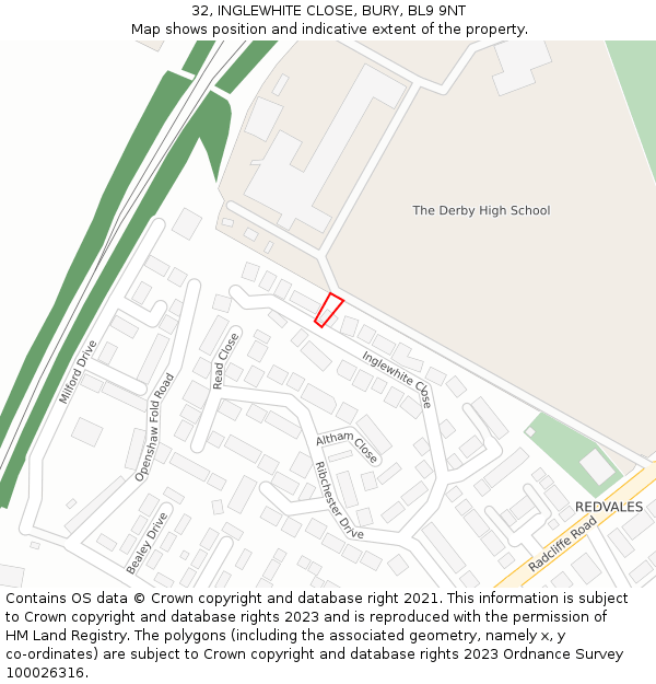 32, INGLEWHITE CLOSE, BURY, BL9 9NT: Location map and indicative extent of plot