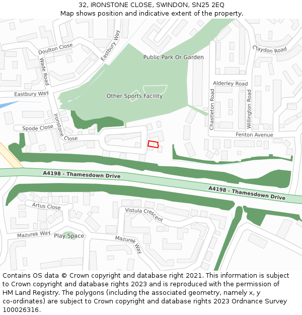 32, IRONSTONE CLOSE, SWINDON, SN25 2EQ: Location map and indicative extent of plot