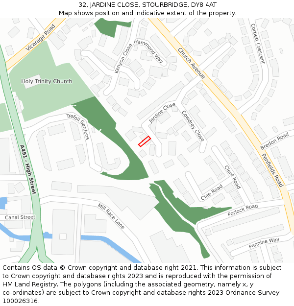 32, JARDINE CLOSE, STOURBRIDGE, DY8 4AT: Location map and indicative extent of plot