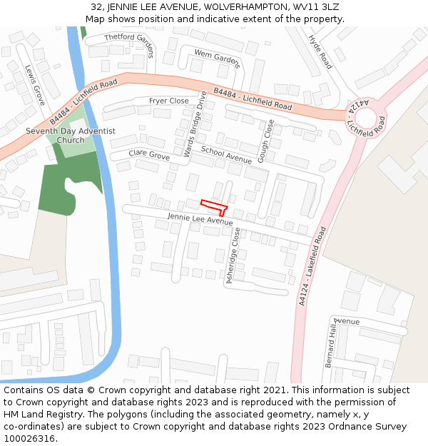 32, JENNIE LEE AVENUE, WOLVERHAMPTON, WV11 3LZ: Location map and indicative extent of plot