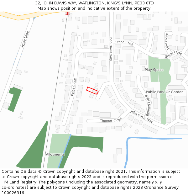 32, JOHN DAVIS WAY, WATLINGTON, KING'S LYNN, PE33 0TD: Location map and indicative extent of plot